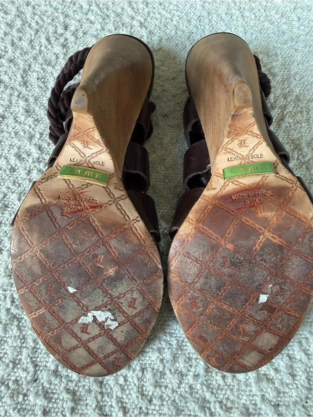 L.A.M.B. Dark Brown Leather Wedge Sandals with Wrap Tie